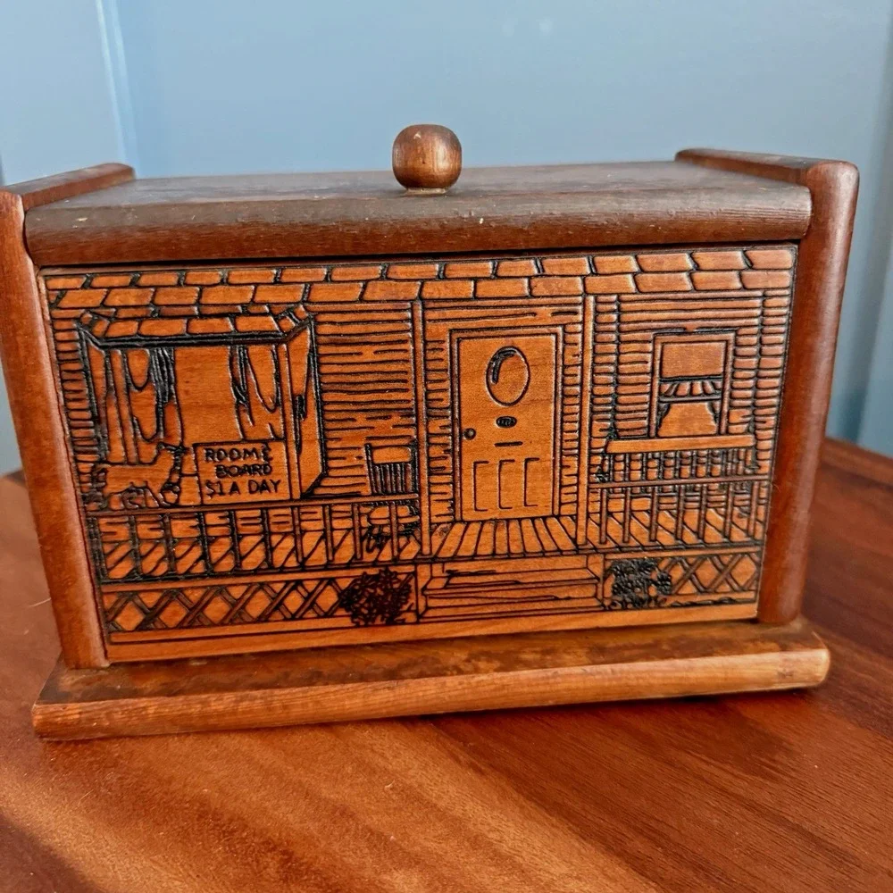 Vintage Wood Recipe Box Folk Art General Store Engraved Rustic Kitchen Decor